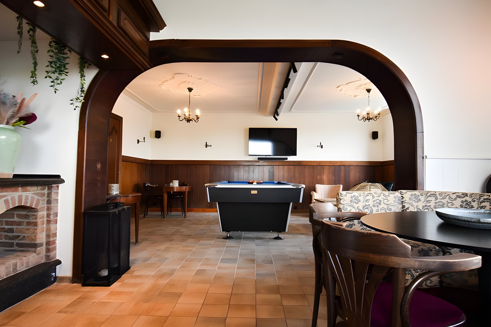 De leefruimte met pooltafel, haard en bar