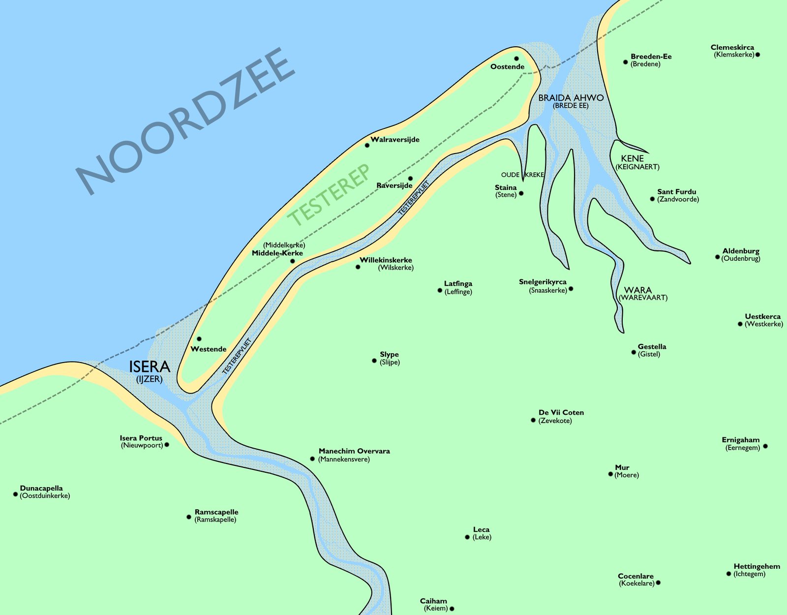 Die Insel Testerep mit Westende, Middele-Kerke und Ostende und dahinter die Testerepvliet. Karte: Floris DC, OpenStreetMap-Mitwirkende, CC BY 4.0 (Wikimedia Commons)
