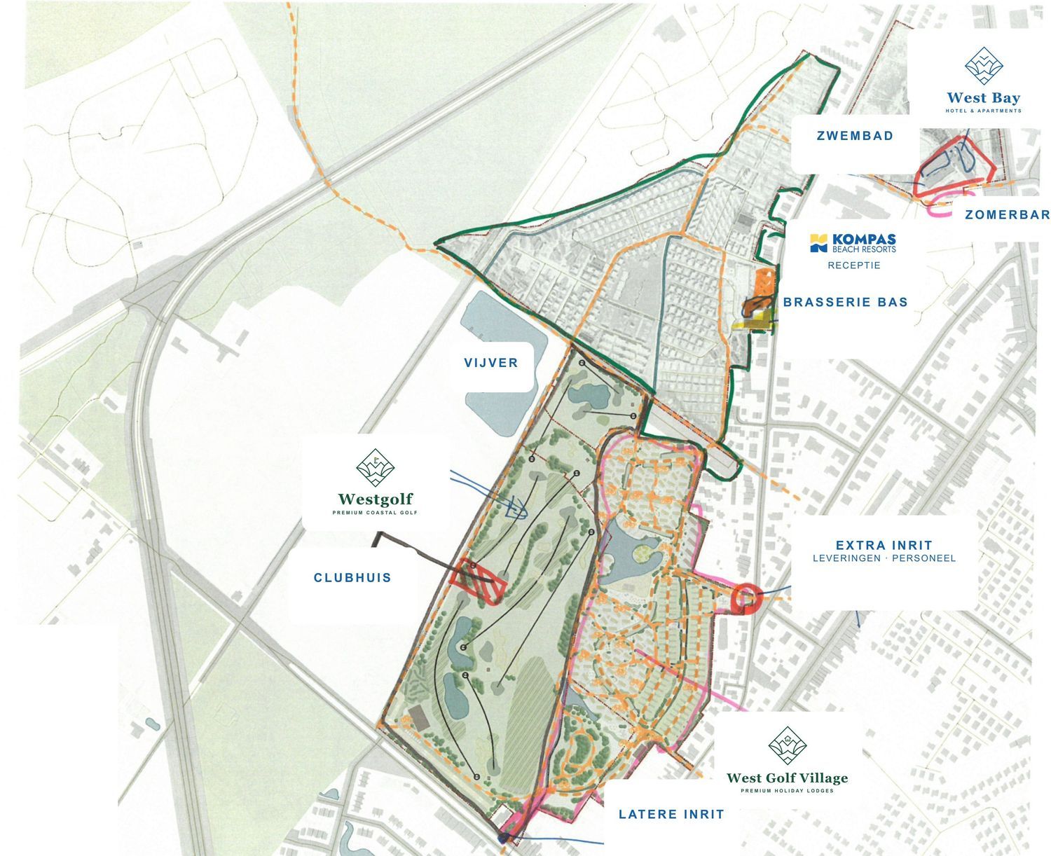 Plan de Westend Resort avec Westgolf, club-house, West Golf Village, camping et West Bay