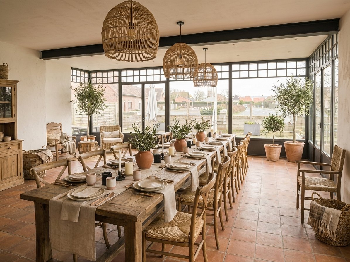 Rendu 3D de la table de fête dans la véranda de la Guesthouse Testerep